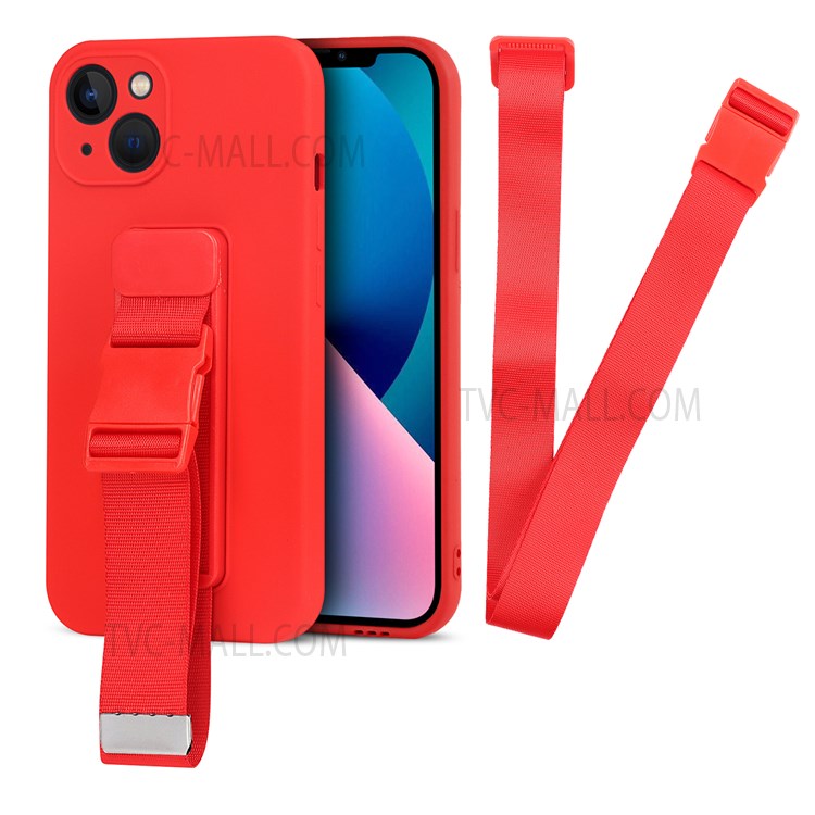 Lightweight Phone Cover Flexible TPU Phone Case with Adjustable Wrist Strap Kickstand and Long Shoulder Strap for iPhone 13 6.1 inch - Red-2