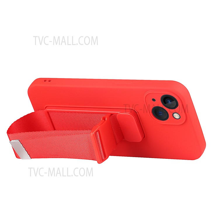 Lightweight Phone Cover Flexible TPU Phone Case with Adjustable Wrist Strap Kickstand and Long Shoulder Strap for iPhone 13 6.1 inch - Red-3