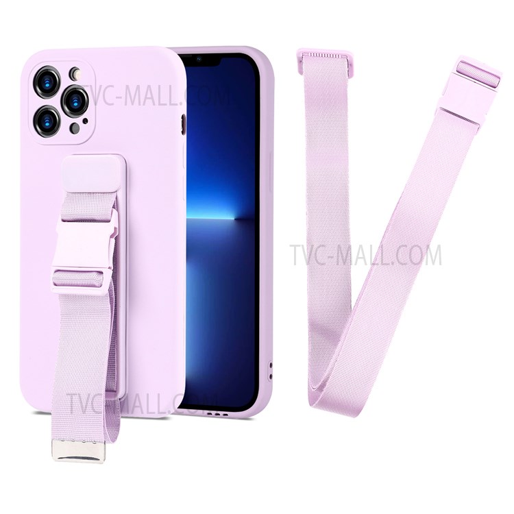 Anti-dust Precise Cutout Soft TPU Phone Case with Adjustable Wrist Strap Kickstand and Long Shoulder Strap for iPhone 13 Pro 6.1 inch - Purple-2