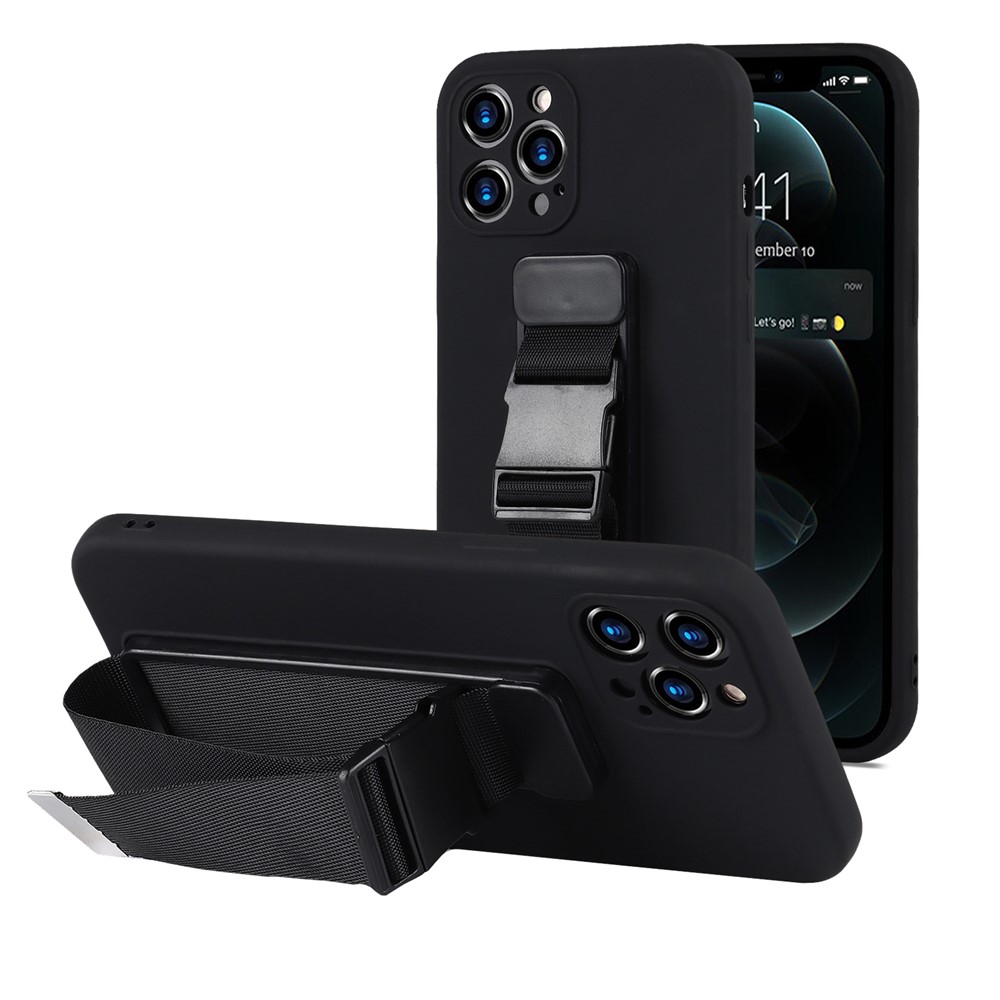 High-quality Soft TPU Phone Case with Adjustable Wrist Strap Kickstand and Long Shoulder Strap for iPhone 12 Pro Max 6.7 inch - Black-1