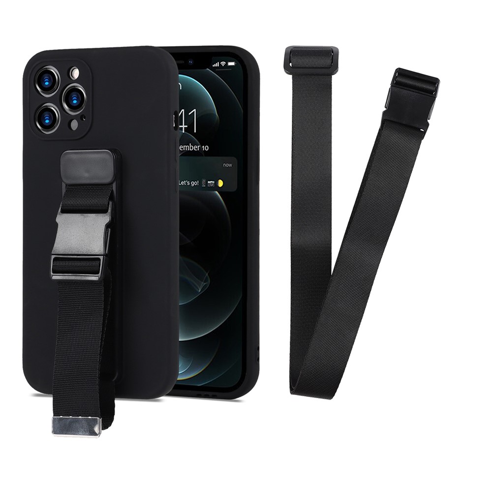 High-quality Soft TPU Phone Case with Adjustable Wrist Strap Kickstand and Long Shoulder Strap for iPhone 12 Pro Max 6.7 inch - Black-2