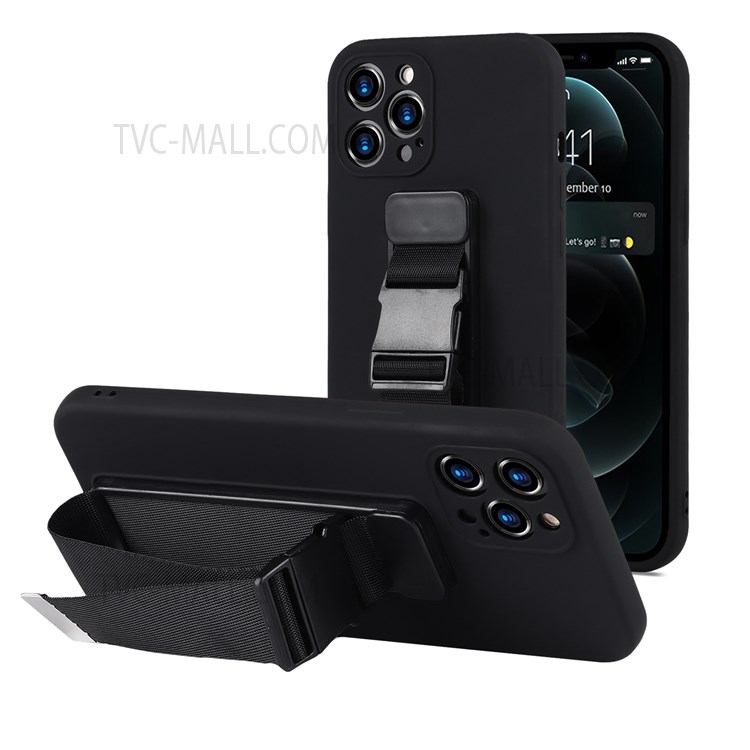 High-quality Phone Case Soft TPU Phone Cover with Adjustable Wrist Strap Kickstand and Long Shoulder Strap for iPhone 12 Pro 6.1 inch - Black-1