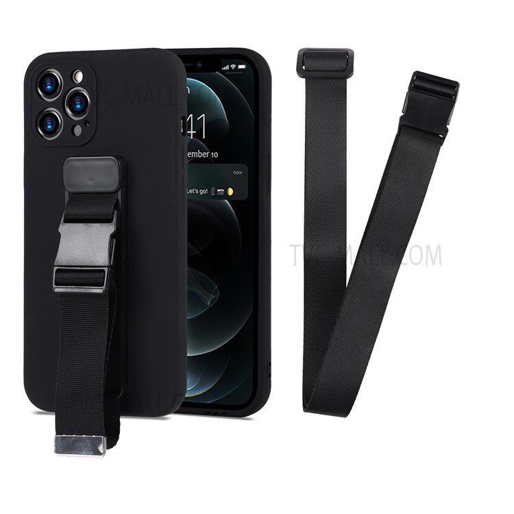 High-quality Phone Case Soft TPU Phone Cover with Adjustable Wrist Strap Kickstand and Long Shoulder Strap for iPhone 12 Pro 6.1 inch - Black-2