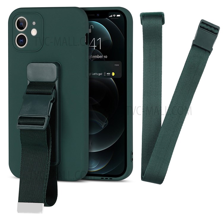 Precise Cutout Adjustable Wristband Kickstand Design Soft TPU Case with Long Strap for iPhone 12 6.1 inch - Green-2