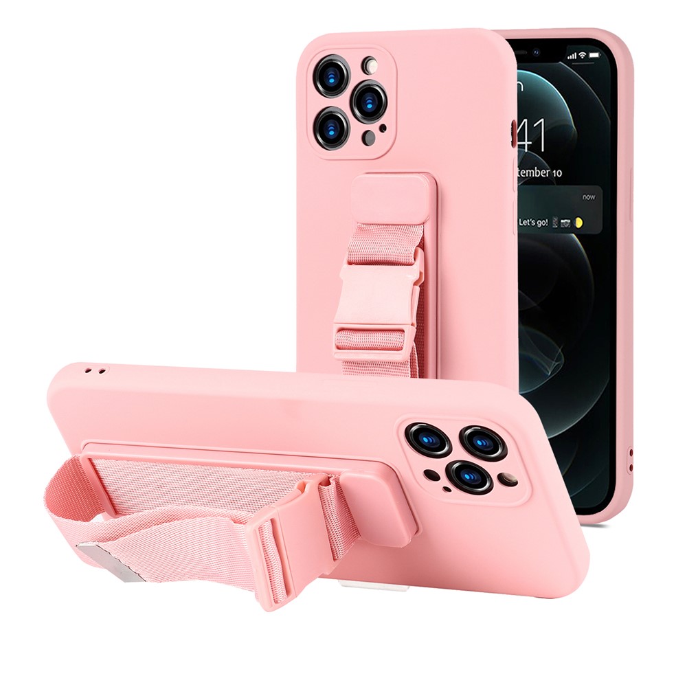 Adjustable Wrist Strap Kickstand Design Solid Color Precise Cutout Soft TPU Case for iPhone 12 Pro Max 6.7 inch - Pink-1