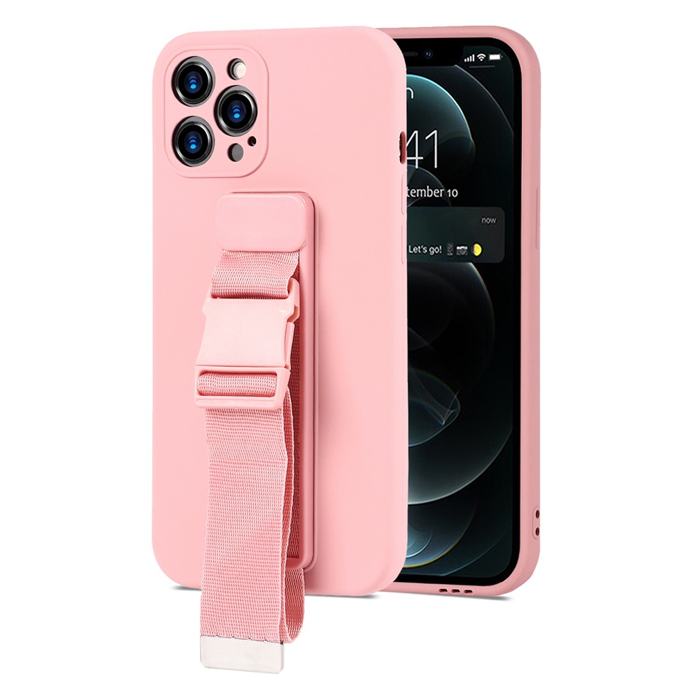 Adjustable Wrist Strap Kickstand Design Solid Color Precise Cutout Soft TPU Case for iPhone 12 Pro Max 6.7 inch - Pink-2