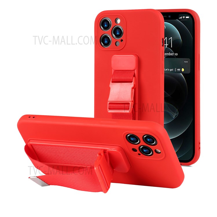 Sports Wrist Strap Kickstand Design Precise Cutout Soft TPU Case Shell for iPhone 12 Pro 6.1 inch - Red-1