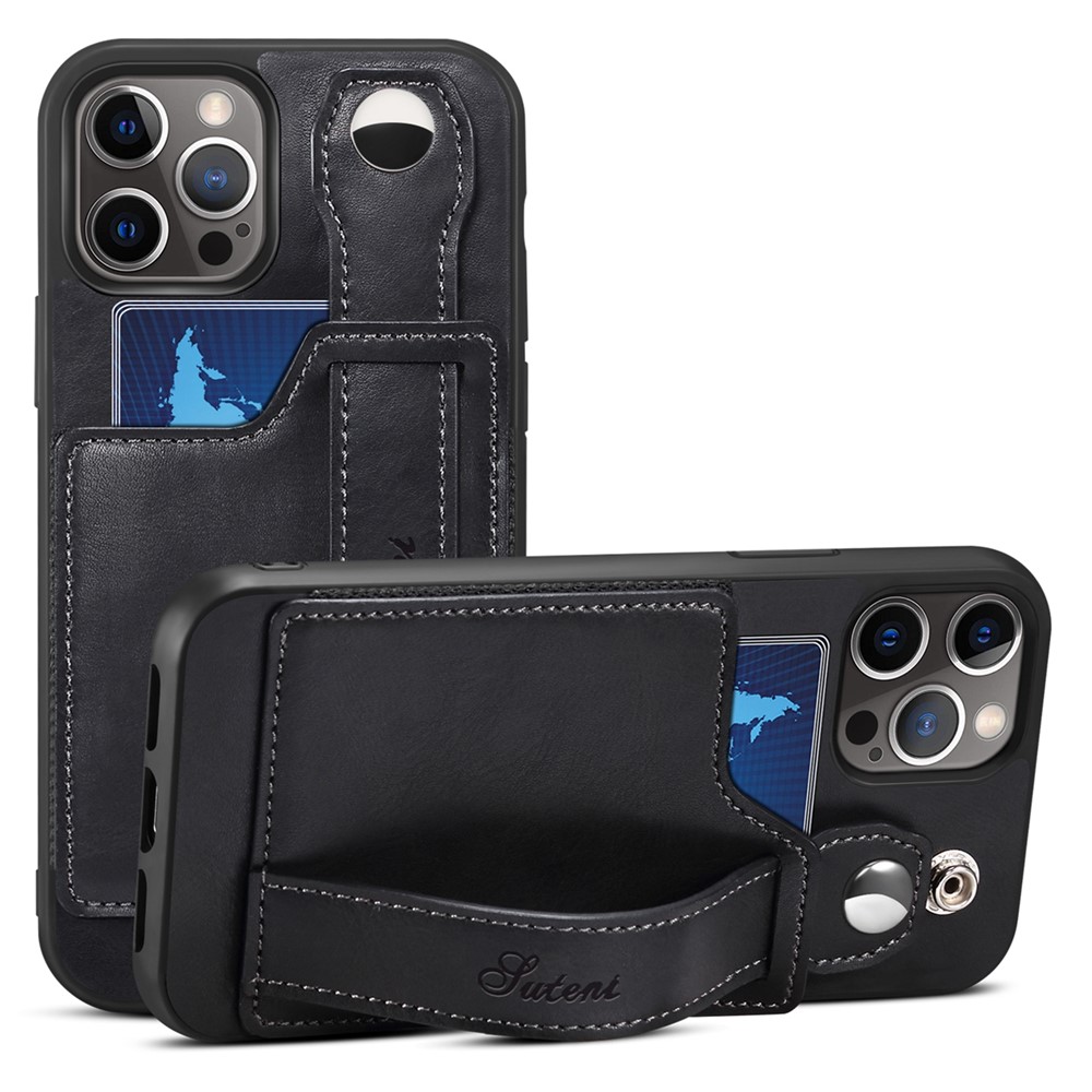 SUTENI Collision-resistant PU Leather + TPU Hybrid Case with Adjustable Hand Strap Kickstand and Card Slot for iPhone 12 Pro Max 6.7 inch - Black-1