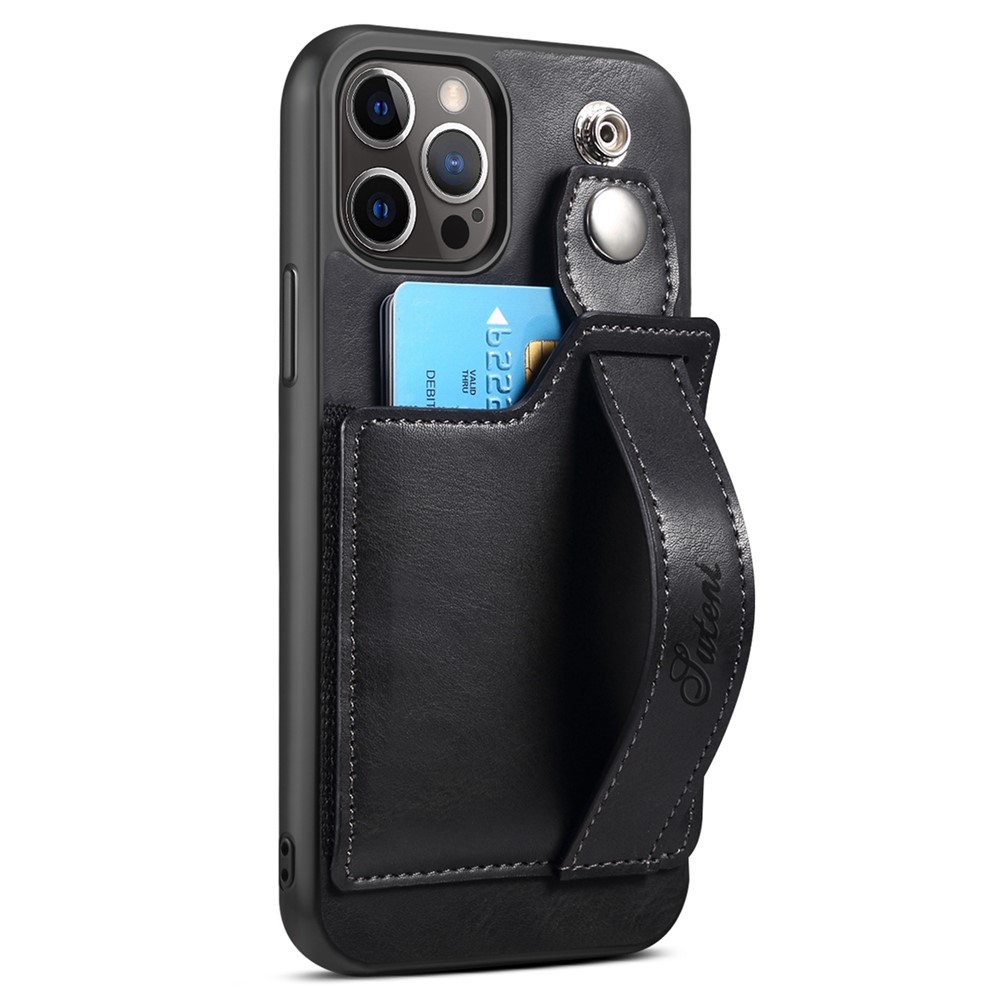 SUTENI Collision-resistant PU Leather + TPU Hybrid Case with Adjustable Hand Strap Kickstand and Card Slot for iPhone 12 Pro Max 6.7 inch - Black-2