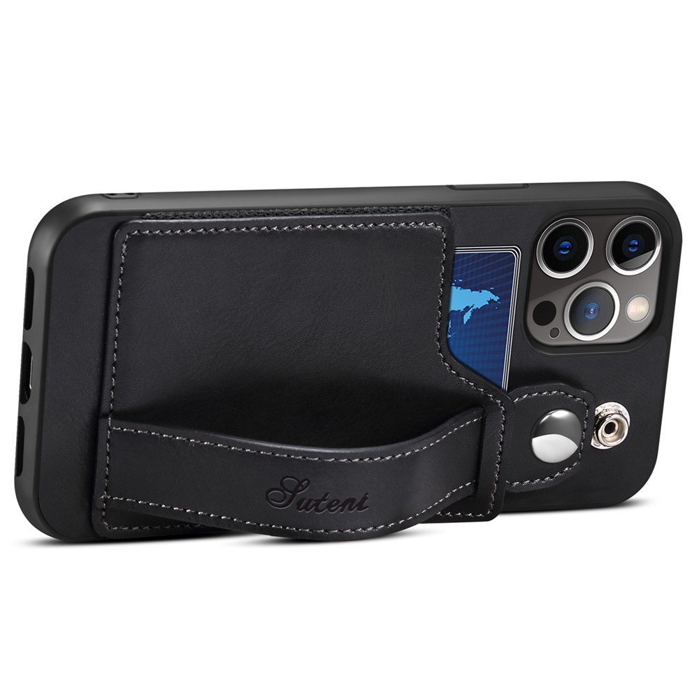 SUTENI Collision-resistant PU Leather + TPU Hybrid Case with Adjustable Hand Strap Kickstand and Card Slot for iPhone 12 Pro Max 6.7 inch - Black-3