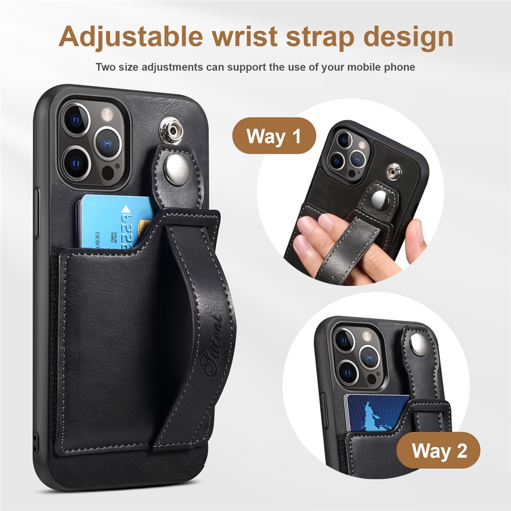 SUTENI Collision-resistant PU Leather + TPU Hybrid Case with Adjustable Hand Strap Kickstand and Card Slot for iPhone 12 Pro Max 6.7 inch - Black-5