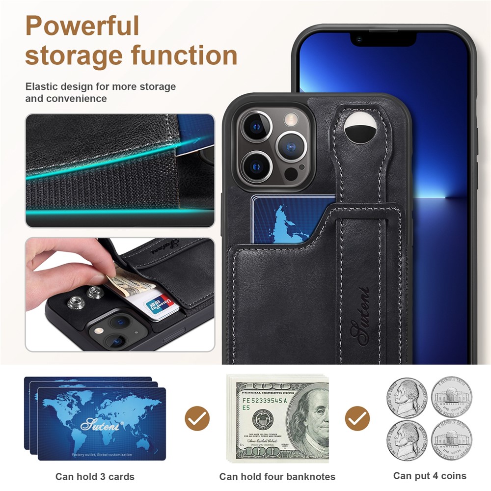 SUTENI Collision-resistant PU Leather + TPU Hybrid Case with Adjustable Hand Strap Kickstand and Card Slot for iPhone 12 Pro Max 6.7 inch - Black-6