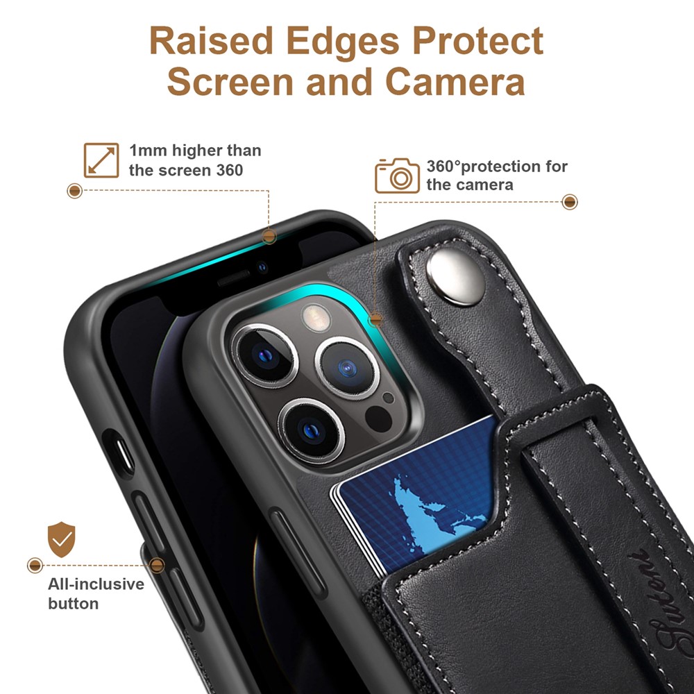 SUTENI Collision-resistant PU Leather + TPU Hybrid Case with Adjustable Hand Strap Kickstand and Card Slot for iPhone 12 Pro Max 6.7 inch - Black-7