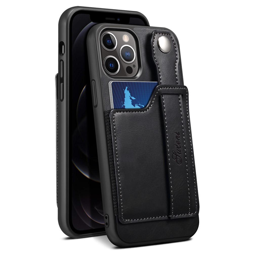SUTENI Collision-resistant PU Leather + TPU Hybrid Case with Adjustable Hand Strap Kickstand and Card Slot for iPhone 12 Pro Max 6.7 inch - Black-8