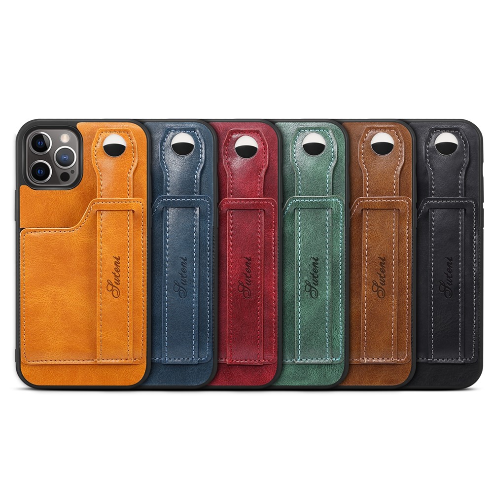 SUTENI Collision-resistant PU Leather + TPU Hybrid Case with Adjustable Hand Strap Kickstand and Card Slot for iPhone 12 Pro Max 6.7 inch - Black-9