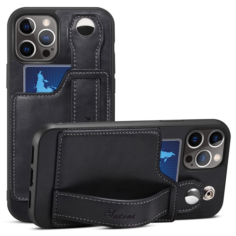 SUTENI Drop-proof PU Leather + TPU Hybrid Case with Adjustable Hand Strap Kickstand and Card Slot for iPhone 12/12 Pro 6.1 inch - Black-1