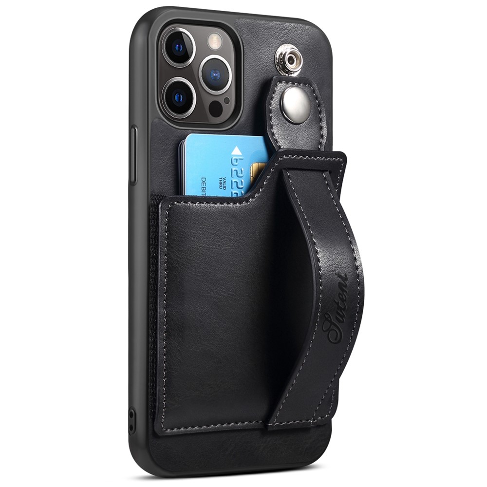 SUTENI Drop-proof PU Leather + TPU Hybrid Case with Adjustable Hand Strap Kickstand and Card Slot for iPhone 12/12 Pro 6.1 inch - Black-2