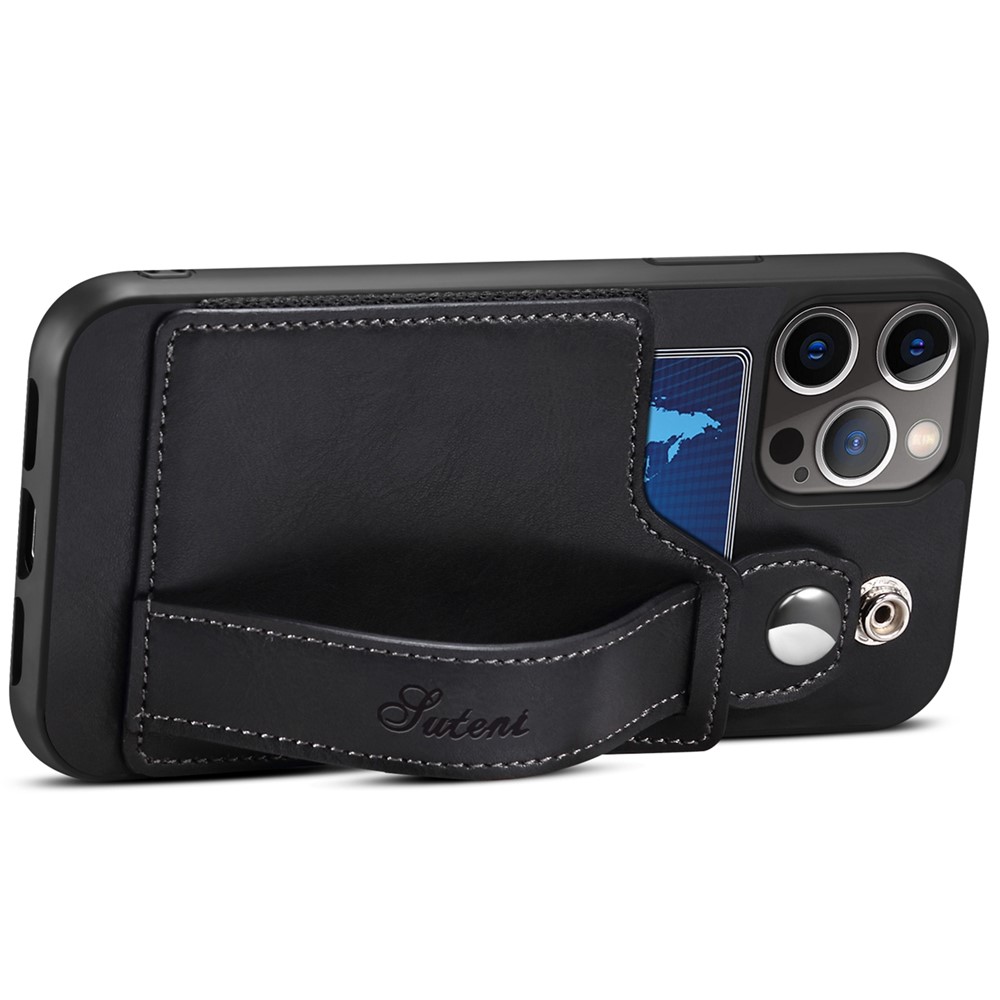 SUTENI Drop-proof PU Leather + TPU Hybrid Case with Adjustable Hand Strap Kickstand and Card Slot for iPhone 12/12 Pro 6.1 inch - Black-3