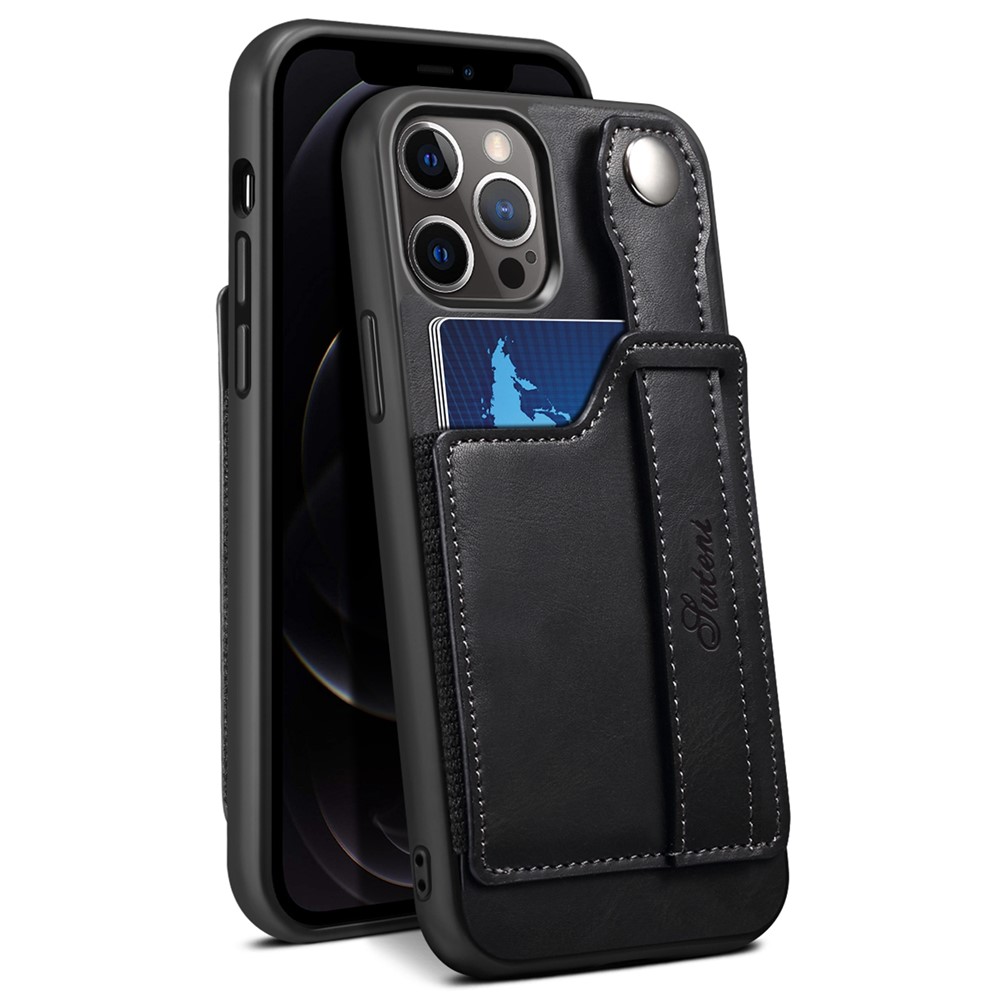 SUTENI Drop-proof PU Leather + TPU Hybrid Case with Adjustable Hand Strap Kickstand and Card Slot for iPhone 12/12 Pro 6.1 inch - Black-8