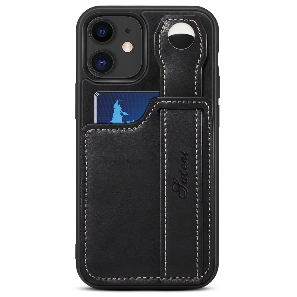 SUTENI PU Leather + TPU Hybrid Case with Adjustable Hand Strap Kickstand and Card Slot for iPhone 12 mini 5.4 inch - Black-2