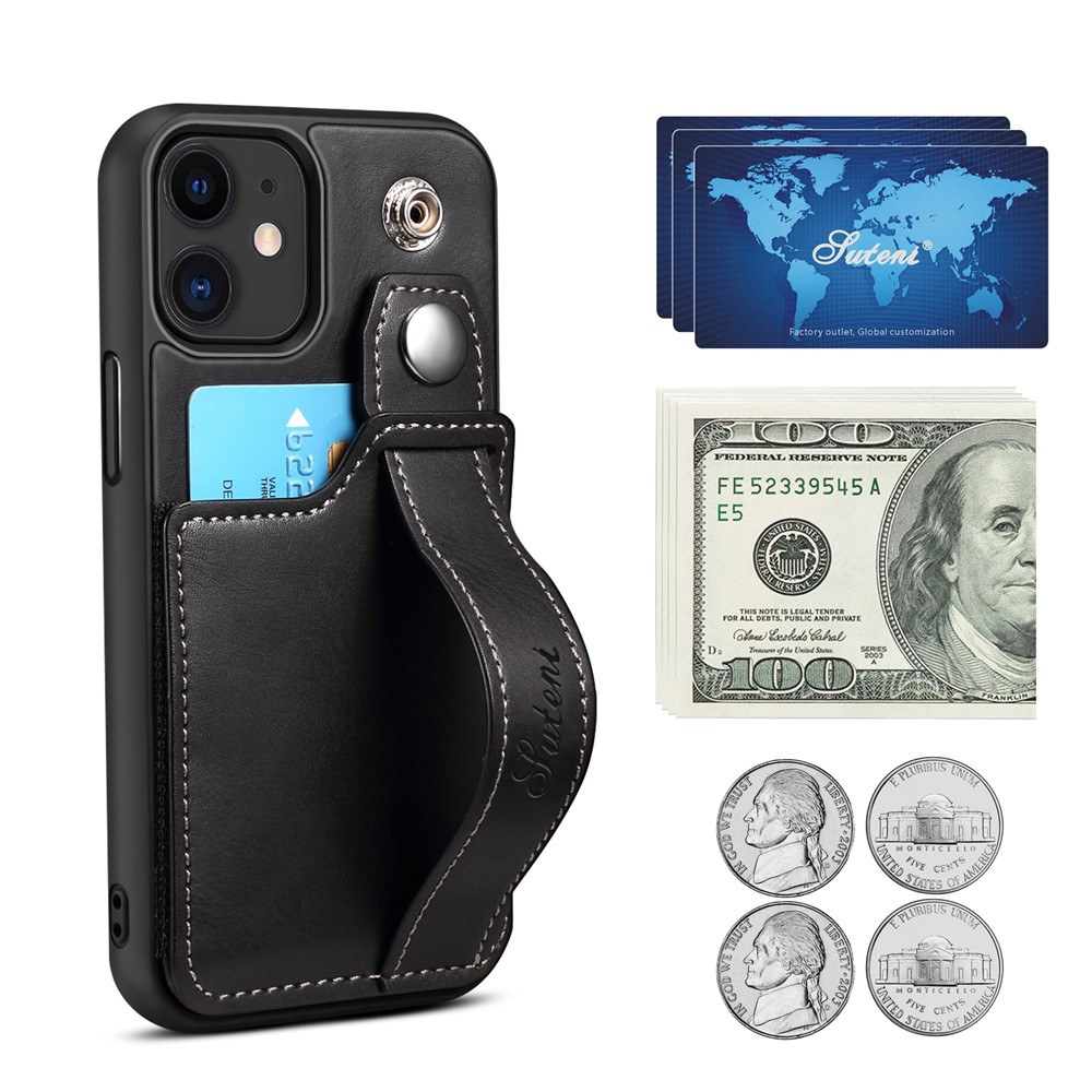 SUTENI PU Leather + TPU Hybrid Case with Adjustable Hand Strap Kickstand and Card Slot for iPhone 12 mini 5.4 inch - Black-4