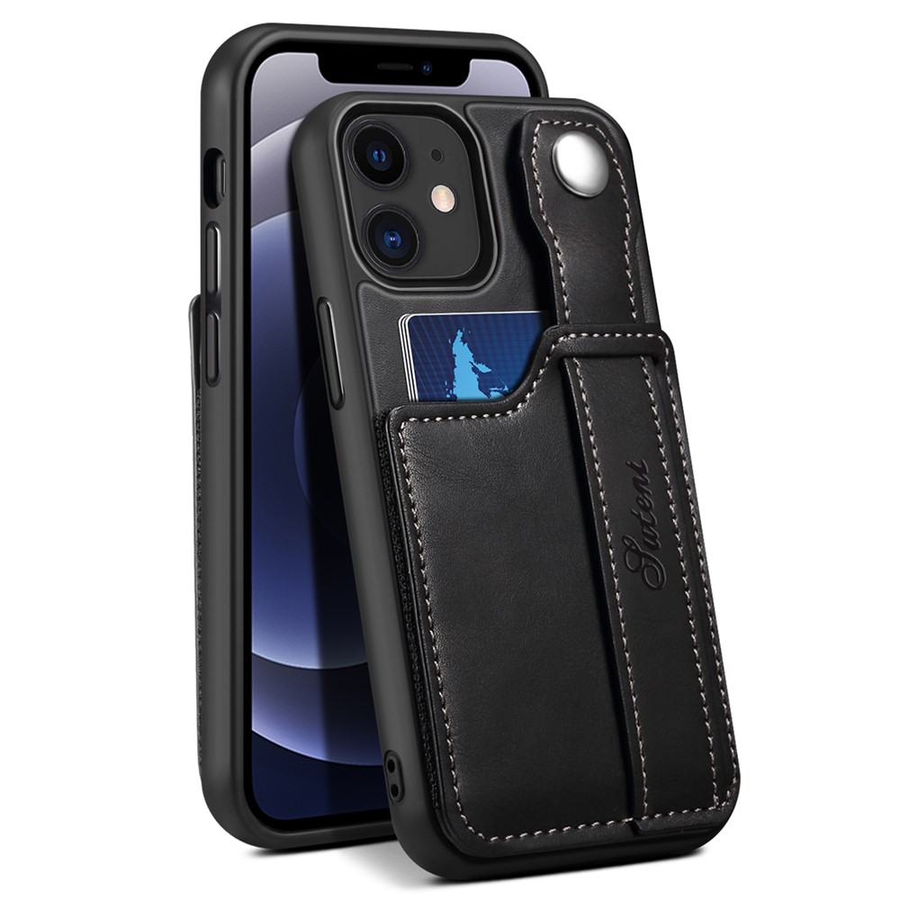 SUTENI PU Leather + TPU Hybrid Case with Adjustable Hand Strap Kickstand and Card Slot for iPhone 12 mini 5.4 inch - Black-5