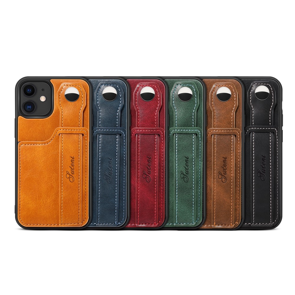 SUTENI PU Leather + TPU Hybrid Case with Adjustable Hand Strap Kickstand and Card Slot for iPhone 12 mini 5.4 inch - Black-6