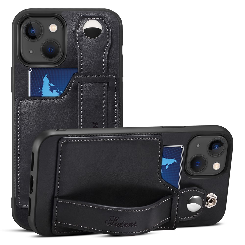 SUTENI Card Slot Design PU Leather + TPU Hybrid Case Fall Protection Phone Shell with Adjustable Hand Strap Kickstand for iPhone 13 6.1 inch - Black-1