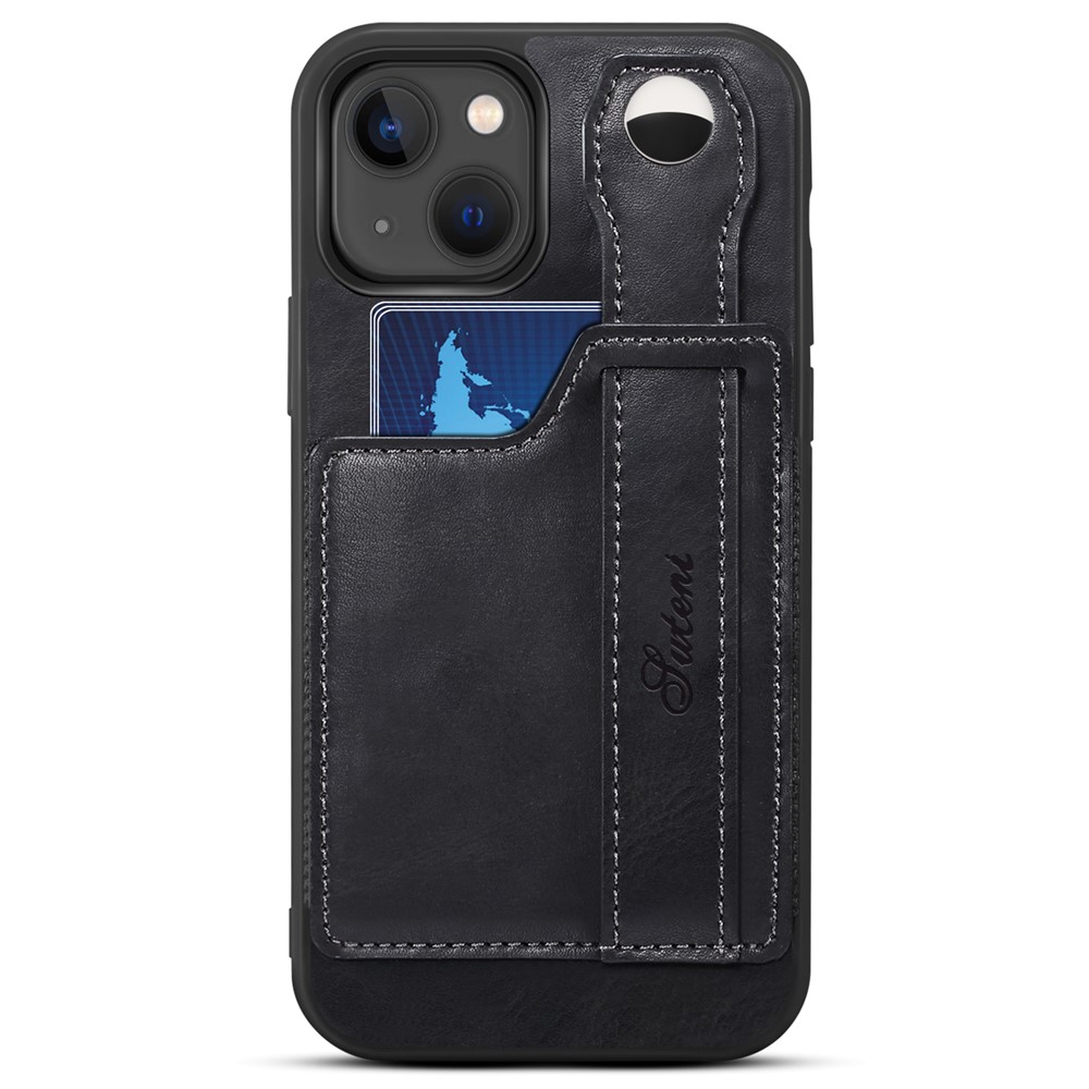 SUTENI Card Slot Design PU Leather + TPU Hybrid Case Fall Protection Phone Shell with Adjustable Hand Strap Kickstand for iPhone 13 6.1 inch - Black-2