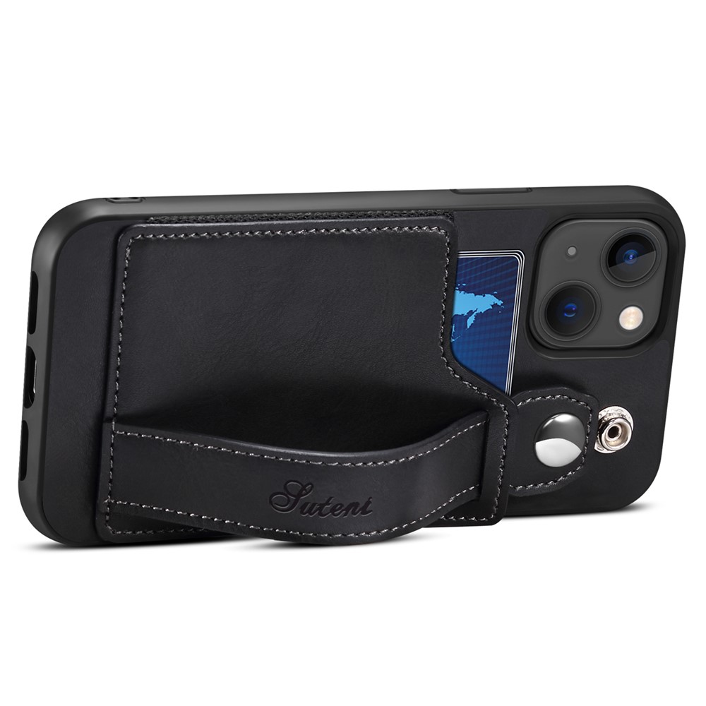 SUTENI Card Slot Design PU Leather + TPU Hybrid Case Fall Protection Phone Shell with Adjustable Hand Strap Kickstand for iPhone 13 6.1 inch - Black-3