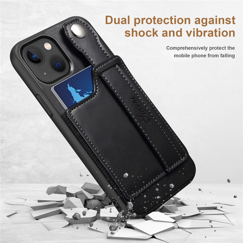SUTENI Card Slot Design PU Leather + TPU Hybrid Case Fall Protection Phone Shell with Adjustable Hand Strap Kickstand for iPhone 13 6.1 inch - Black-4
