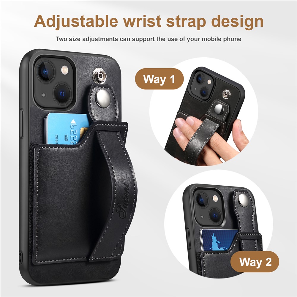 SUTENI Card Slot Design PU Leather + TPU Hybrid Case Fall Protection Phone Shell with Adjustable Hand Strap Kickstand for iPhone 13 6.1 inch - Black-5