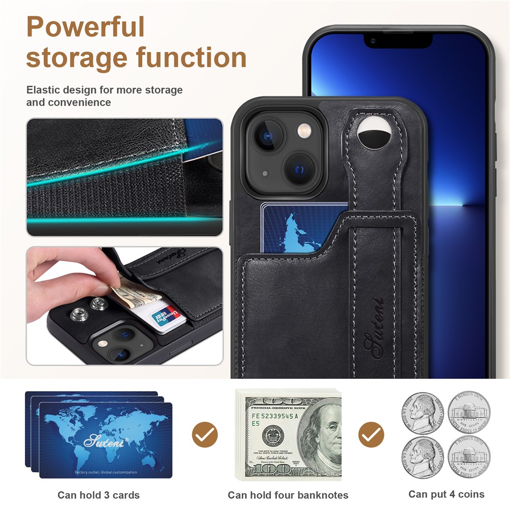 SUTENI Card Slot Design PU Leather + TPU Hybrid Case Fall Protection Phone Shell with Adjustable Hand Strap Kickstand for iPhone 13 6.1 inch - Black-6