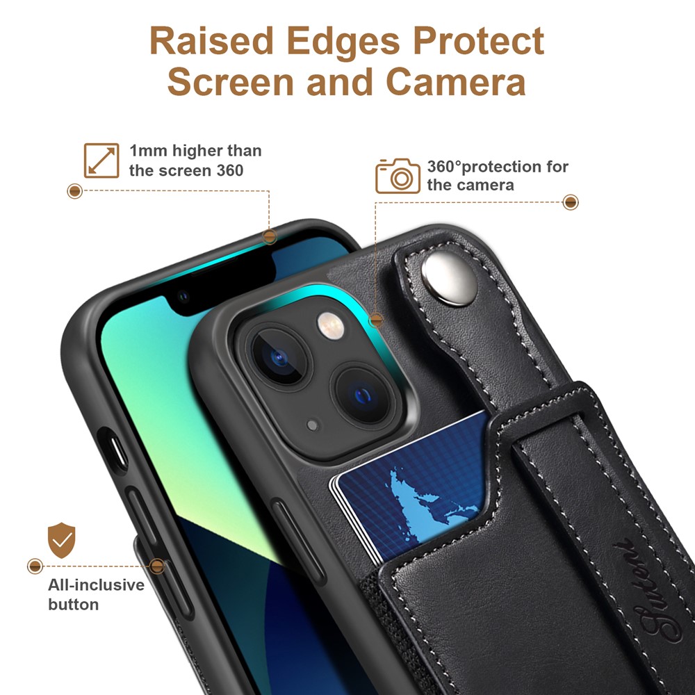 SUTENI Card Slot Design PU Leather + TPU Hybrid Case Fall Protection Phone Shell with Adjustable Hand Strap Kickstand for iPhone 13 6.1 inch - Black-7