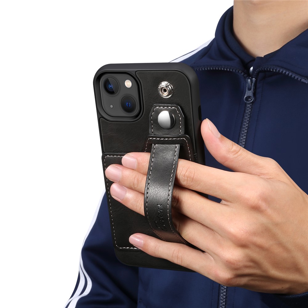 SUTENI Card Slot Design PU Leather + TPU Hybrid Case Fall Protection Phone Shell with Adjustable Hand Strap Kickstand for iPhone 13 6.1 inch - Black-8