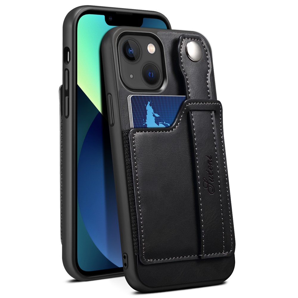 SUTENI Card Slot Design PU Leather + TPU Hybrid Case Fall Protection Phone Shell with Adjustable Hand Strap Kickstand for iPhone 13 6.1 inch - Black-9