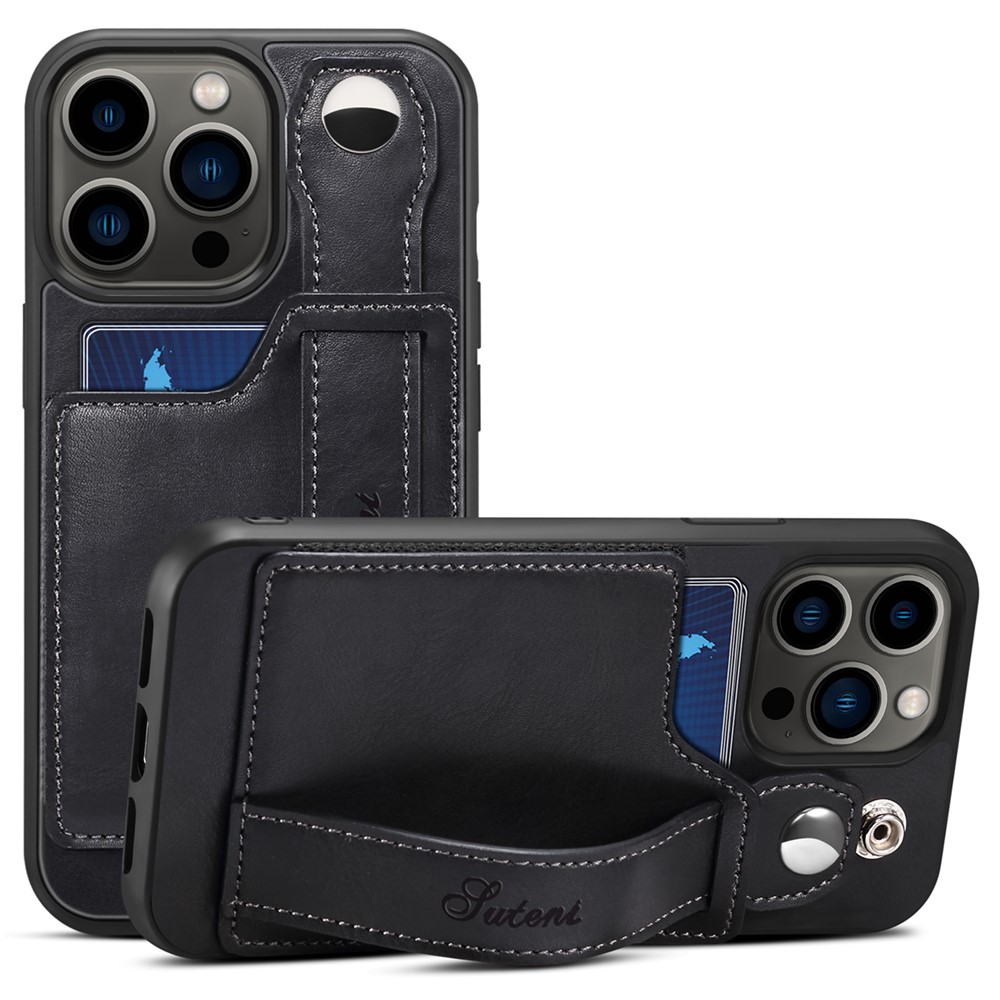 SUTENI Card Slot Design Anti-scratch PU Leather + TPU Hybrid Case Phone Shell with Adjustable Hand Strap Kickstand for iPhone 13 Pro 6.1 inch - Black-1