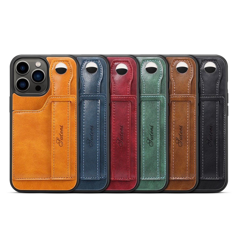 SUTENI Card Slot Design Anti-scratch PU Leather + TPU Hybrid Case Phone Shell with Adjustable Hand Strap Kickstand for iPhone 13 Pro 6.1 inch - Black-10