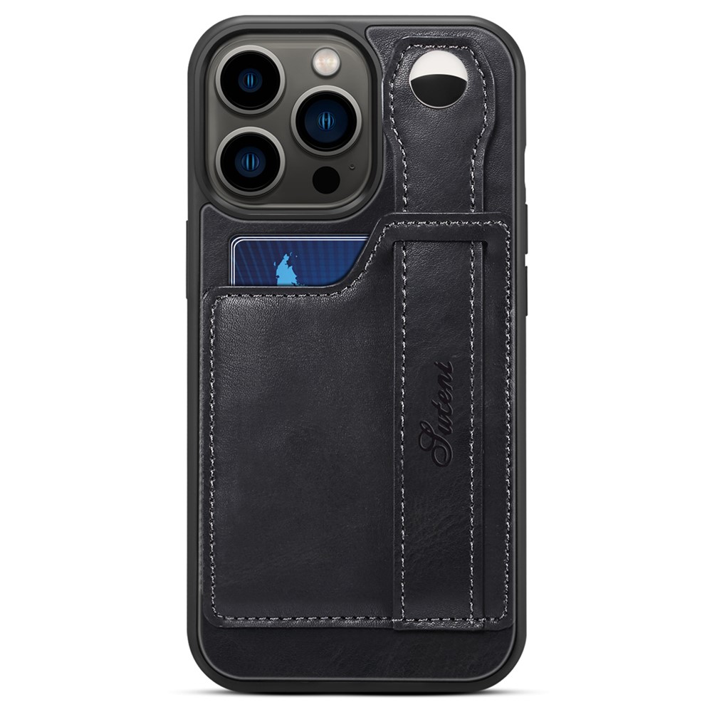 SUTENI Card Slot Design Anti-scratch PU Leather + TPU Hybrid Case Phone Shell with Adjustable Hand Strap Kickstand for iPhone 13 Pro 6.1 inch - Black-2