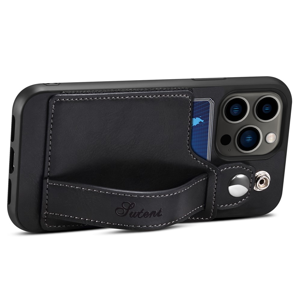 SUTENI Card Slot Design Anti-scratch PU Leather + TPU Hybrid Case Phone Shell with Adjustable Hand Strap Kickstand for iPhone 13 Pro 6.1 inch - Black-3