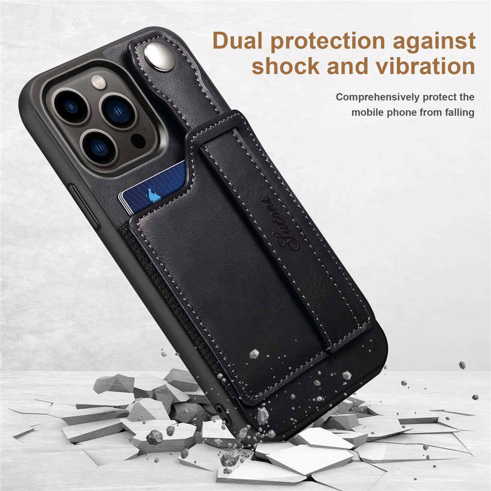 SUTENI Card Slot Design Anti-scratch PU Leather + TPU Hybrid Case Phone Shell with Adjustable Hand Strap Kickstand for iPhone 13 Pro 6.1 inch - Black-4