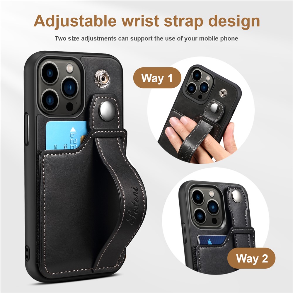 SUTENI Card Slot Design Anti-scratch PU Leather + TPU Hybrid Case Phone Shell with Adjustable Hand Strap Kickstand for iPhone 13 Pro 6.1 inch - Black-5