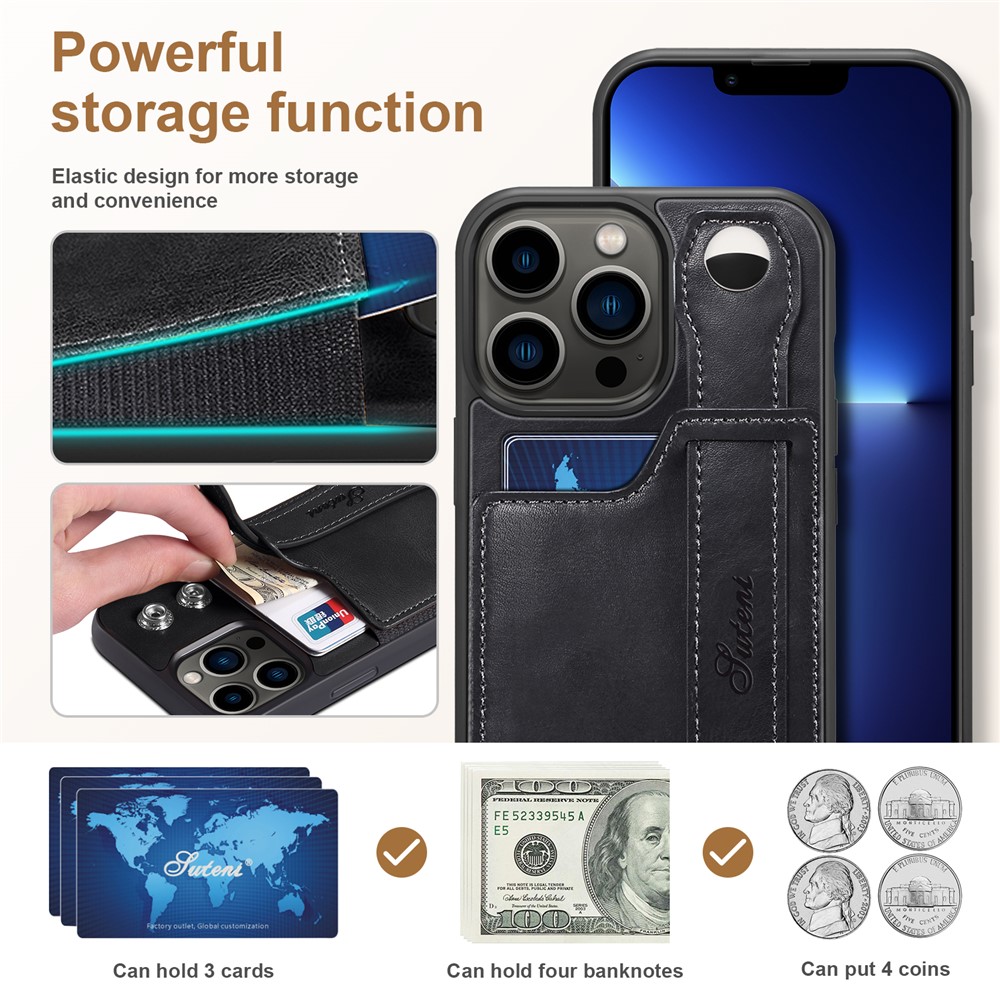 SUTENI Card Slot Design Anti-scratch PU Leather + TPU Hybrid Case Phone Shell with Adjustable Hand Strap Kickstand for iPhone 13 Pro 6.1 inch - Black-6
