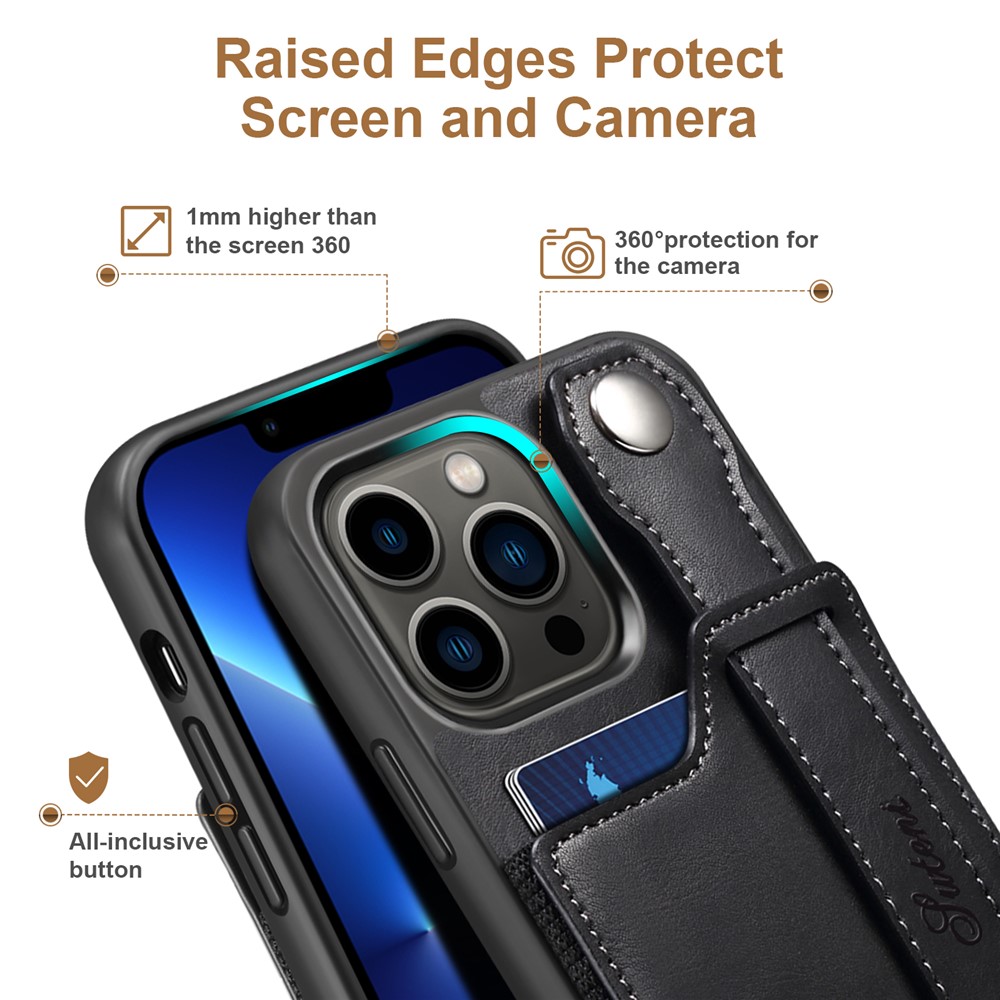 SUTENI Card Slot Design Anti-scratch PU Leather + TPU Hybrid Case Phone Shell with Adjustable Hand Strap Kickstand for iPhone 13 Pro 6.1 inch - Black-7