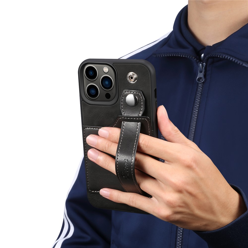SUTENI Card Slot Design Anti-scratch PU Leather + TPU Hybrid Case Phone Shell with Adjustable Hand Strap Kickstand for iPhone 13 Pro 6.1 inch - Black-8