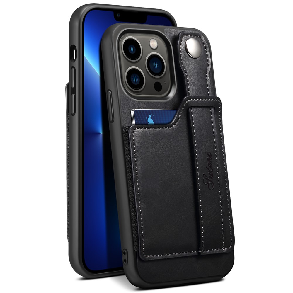 SUTENI Card Slot Design Anti-scratch PU Leather + TPU Hybrid Case Phone Shell with Adjustable Hand Strap Kickstand for iPhone 13 Pro 6.1 inch - Black-9