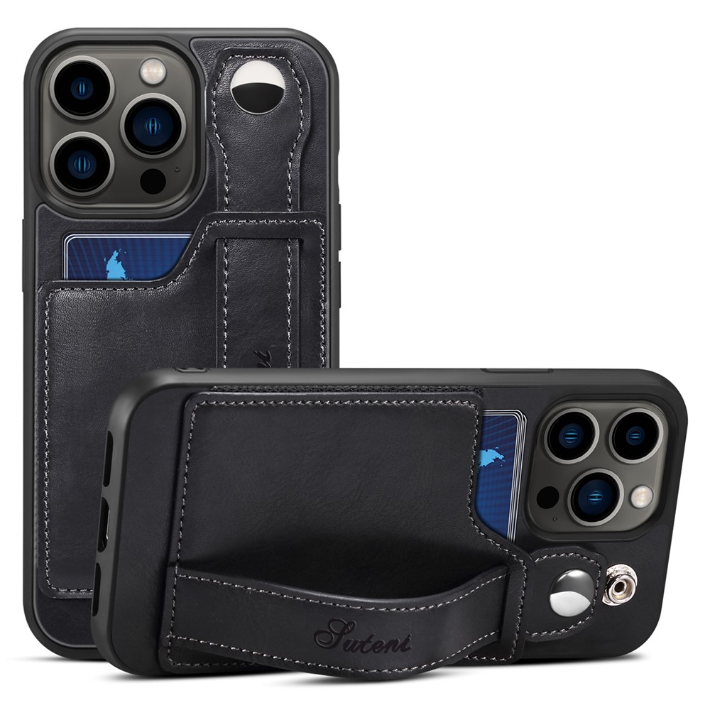 SUTENI Impact Buffer PU Leather + TPU Hybrid Case with Adjustable Hand Strap Kickstand and Card Slot for iPhone 13 Pro Max 6.7 inch - Black-1
