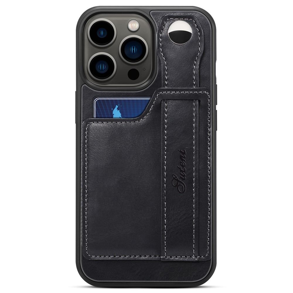 SUTENI Impact Buffer PU Leather + TPU Hybrid Case with Adjustable Hand Strap Kickstand and Card Slot for iPhone 13 Pro Max 6.7 inch - Black-2