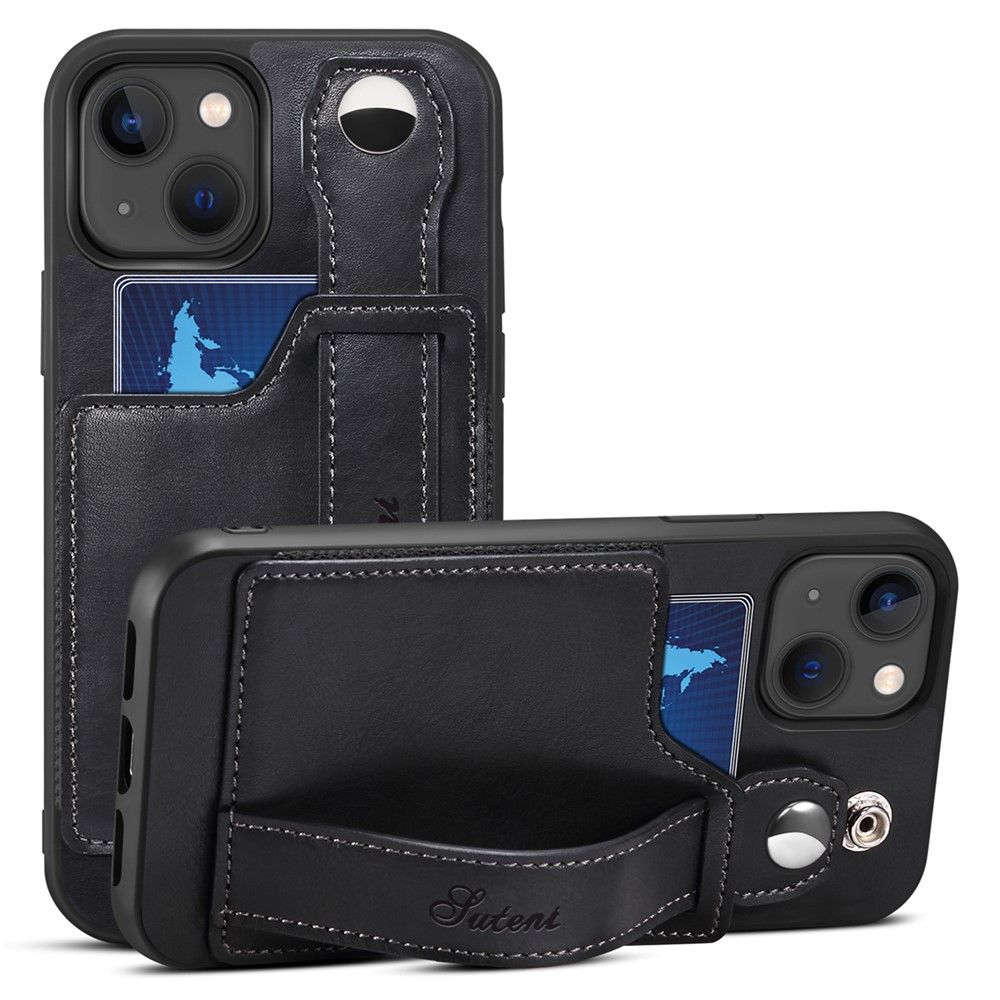 SUTENI Card Slot Design PU Leather + TPU Hybrid Case Back Protector Phone Shell with Adjustable Hand Strap Kickstand for iPhone 13 mini 5.4 inch - Black-1