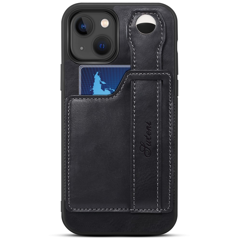 SUTENI Card Slot Design PU Leather + TPU Hybrid Case Back Protector Phone Shell with Adjustable Hand Strap Kickstand for iPhone 13 mini 5.4 inch - Black-2